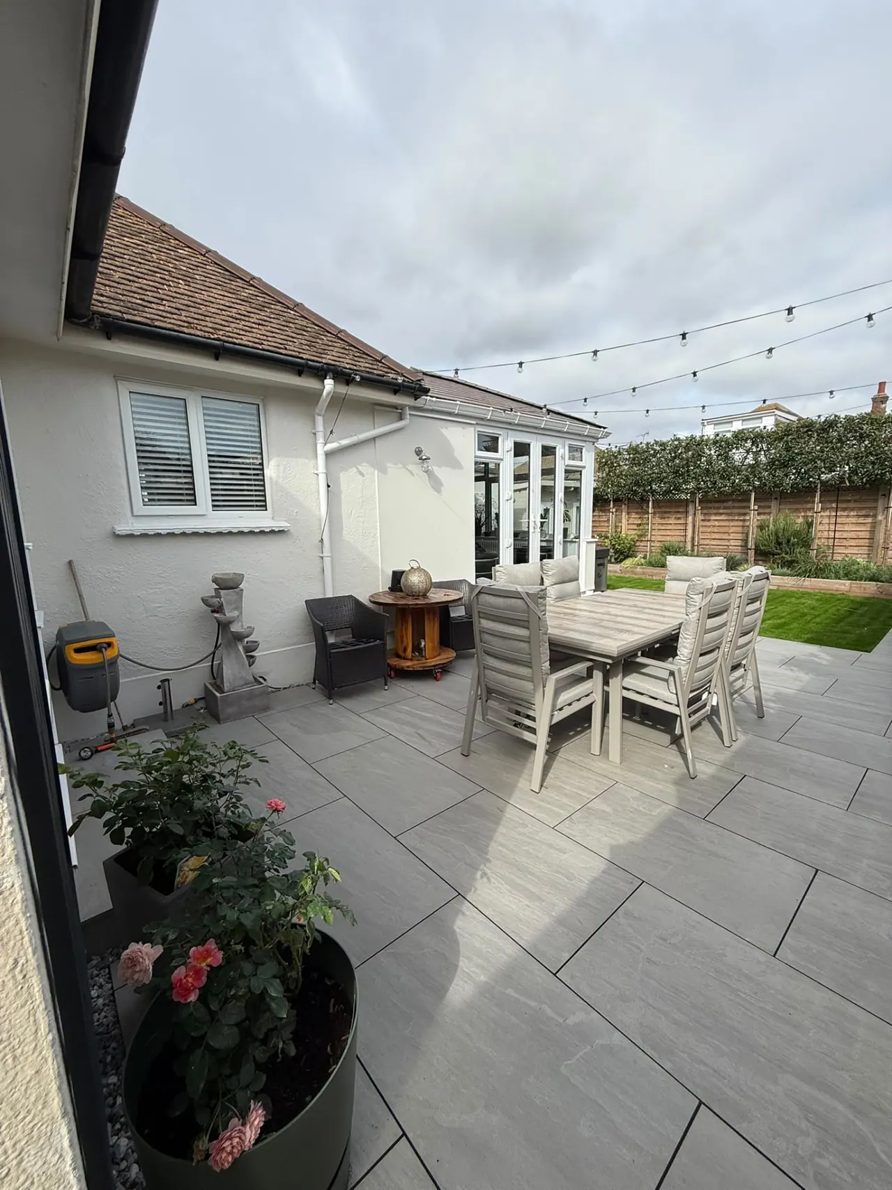 Completed porcelain patio, new fencing and lawn in a Southend-on-Sea garden