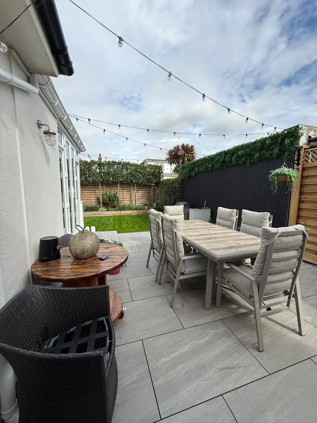 Completed porcelain patio, new fencing and lawn in a Southend-on-Sea garden